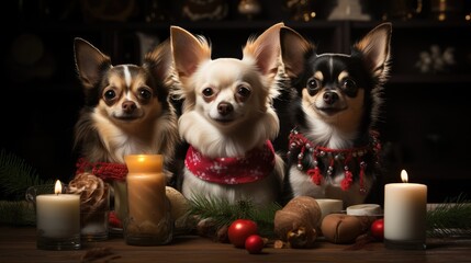 Heartwarming celebration of Chihuahuas enjoying the most spectacular Christmas party ever, surrounded by the finest Christmas decorations. The joyful Christmas scene.