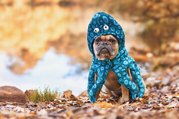 Funny Halloween dog costume. Cute French Bulldog wearing octopus suit with eyes and tentacle arms © Firn