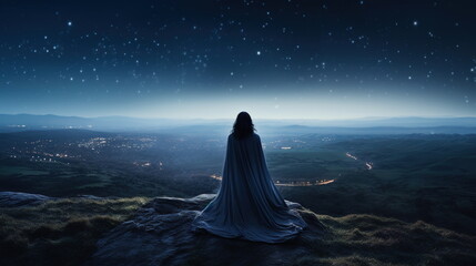 A girl with eyes reflecting the shine of the starry night sky, in a cloak sparkling with constellations, standing on the edge of a cosmic rock and looking into the endless expanses of the Universe.