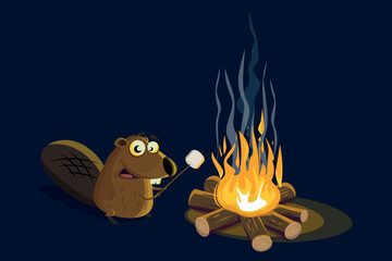 funny cartoon beaver grilling marshmallow at a campfire