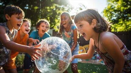 A Little Children playing with a ball, laughter, splashing water - obrazy, fototapety, plakaty
