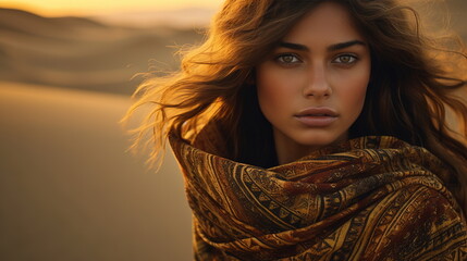A mystic girl with fiery amber eyes, wearing a flowing desert-inspired robe with ornate patterns, standing amidst towering sand dunes at sunset. 