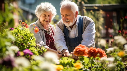an elderly couple sitting on a park bench discussing a book passionately, surrounded by lush greenery and blooming flowers