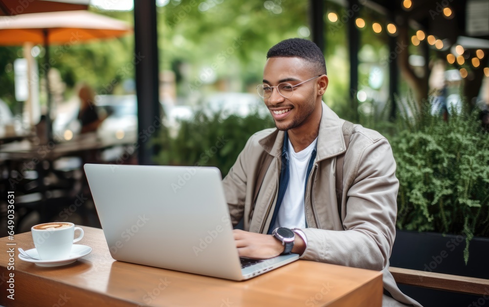 Wall mural happy smiling young student boy using laptop computer sitting outdoor. generative ai