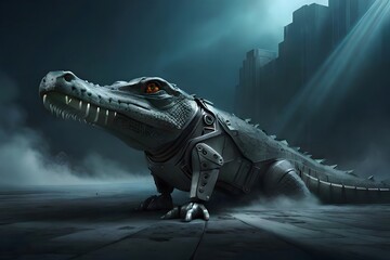 Robot crocodile, biomechanical cyborg animal, robotic, futuristic technology, generative AI