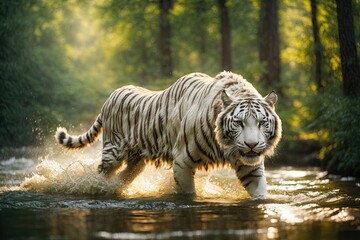 White siberian tiger runs on water in forest. ai generative - obrazy, fototapety, plakaty