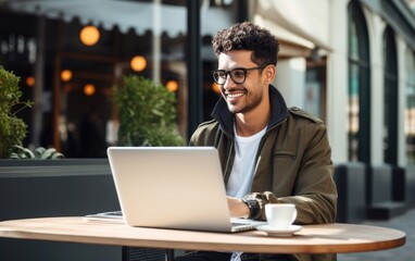 Happy smiling young student boy using laptop computer sitting outdoor. Generative AI