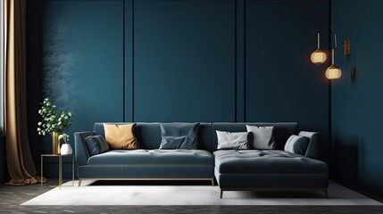 Modern living room interior with gray sofa