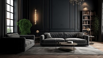 Obraz premium Dark living room interior with luxury gray sofa