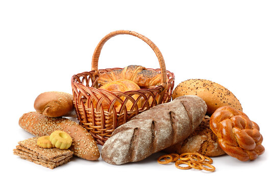 Collection of bread products isolated on white