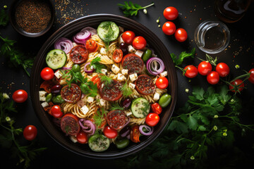 Pasta salad with tomato, black olives, cucumber and feta cheese. healthy food