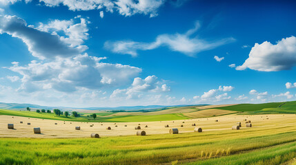 Obraz premium A panoramic natural landscape showcasing lush green grass, a golden field of harvested wheat with bales, and a picturesque blue sky adorned with clouds. This colorful summer panorama harmoniously comb