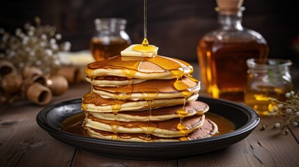 A stack of pancakes on a plate. Breakfast concept. Illustration for cover, card, postcard, interior design, decor, advertising, marketing or print.