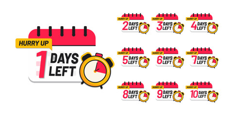Day left numbers countdown collection vector reminder calendar template with clock label logo illustration. 0, 1, 2, 3, 4, 5, 6, 7, 8, 9,