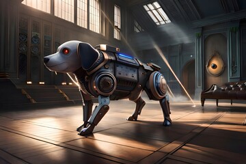 Robot dog,  biomechanical cyborg animal, robotic, futuristic technology, generative AI