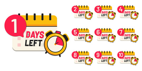 Day left numbers countdown collection vector reminder calendar template with clock label logo illustration. 0, 1, 2, 3, 4, 5, 6, 7, 8, 9,