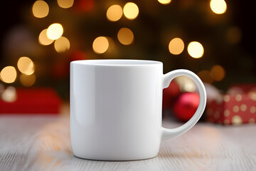 Blank white mug mockup on wooden table with christmas tree lights bokeh background. Holiday...