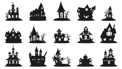 Creepy haunted house for Halloween. Scarey house silhouette. Halloween home castle icons