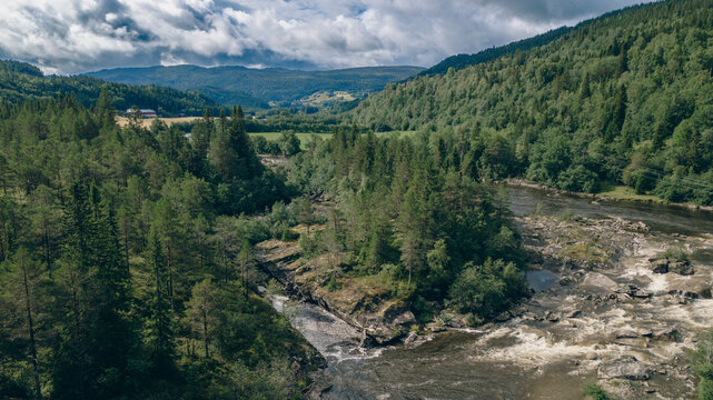 Aerial view of a salmon river in Norway created without Ai