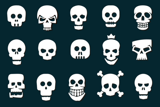 Cartoon skull icons for Halloween. Warning skull logo collection. Cartoon skull icons