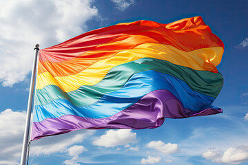 Realistic rainbow flag of an LGBT organization waving against a blue sky. LGBT pride flags include lesbians, gays, bisexuals and transgender people