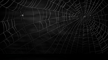 A spider web silhouette set against a black wall, creating a Halloween-themed dark background with a spooky and mysterious ambiance. - obrazy, fototapety, plakaty