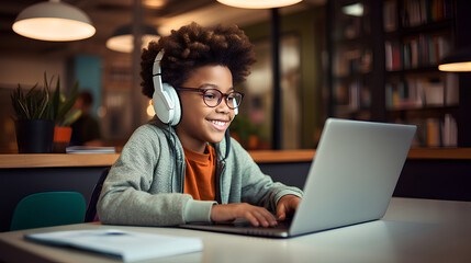 An African American schoolboy with a bright smile, engaged in online studying from the comfort of his home, using a laptop - Powered by Adobe