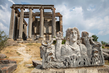 Aizonai antic city ruins with Zeus temple. Aizanoi ancient city in Cavdarhisar, Kutahya, Turkey. - obrazy, fototapety, plakaty