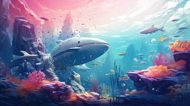 A whale swimming in an ocean with corals and fish