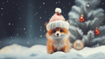 A little fox wearing a santa hat in the snow