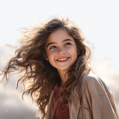 Naklejka premium A young girl with long hair smiling at the camera