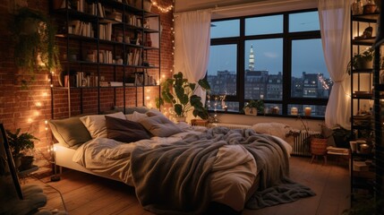A bedroom with a bed and lots of lights