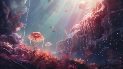 A group of jellyfishs floating in the ocean