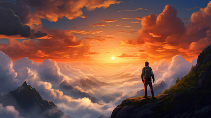 Fototapeta na wymiar A realistic scene depicting a sunset with the silhouette of a man atop a mountain, set against a backdrop of sun-drenched skies adorned with clouds.