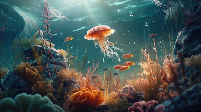 An underwater scene with a jellyfish and corals