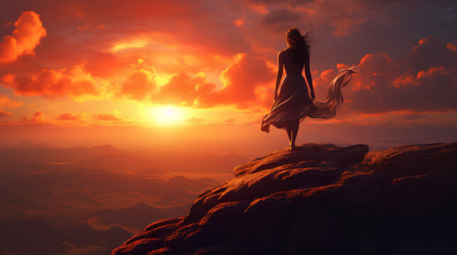 A realistic scene depicting a sunset with the silhouette of a woman atop a mountain, set against a backdrop of sun-drenched skies adorned with clouds.