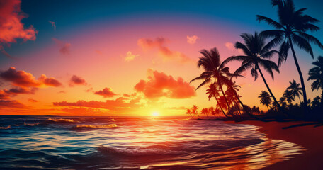 Fototapeta na wymiar Caribischer Traumstrand bei Sonnenuntergang - pure Urlaubsgefühle und Naturschönheit am Meer - ai-generiert