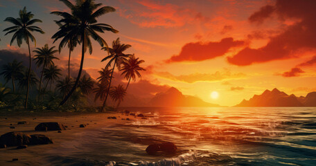 Caribischer Traumstrand bei Sonnenuntergang - pure Urlaubsgefühle und Naturschönheit am Meer - ai-generiert