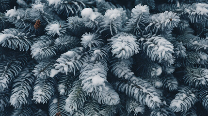 A serene and wintery Christmas natural background featuring beautiful spruce branches adorned with delicate snow caps in a forest setting.