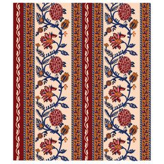 A red and blue floral design on a beige background