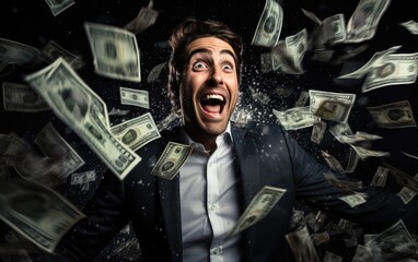 Happy smiling laughing rich businessman in a business suit sits at his desk around a lot of banknotes. Success business concept. Generative AI