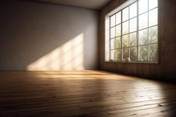 Fototapeta na wymiar Living room with sunlight shine through a sliding door, wooden floor, gray wall. Generative AI