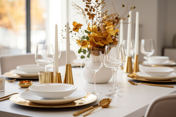 Fototapeta premium Autumn table setting. A sleek dining table adorned with colorful leaves, candles. Minimalist white and gold decor. Generative AI
