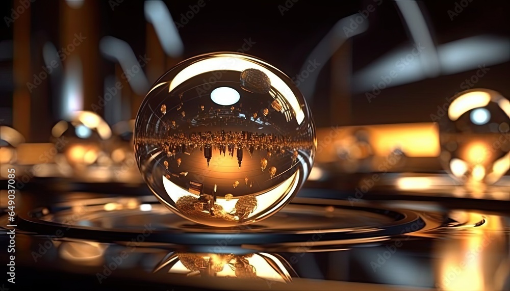 Poster metal sphere with reflection on dark backdrop. abstract background.