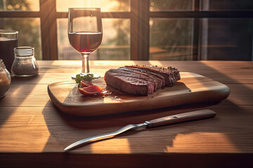 Cozy dinner with a rare steak on a wooden board and a glass of wine on the table by the window at sunset