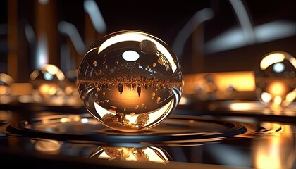 Metal sphere with reflection on dark backdrop. Abstract background.