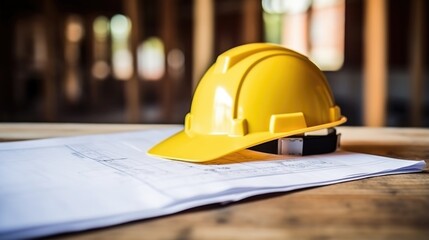 Hardhat helmet and blueprints on wooden table on a construction area blurred background, generative ai