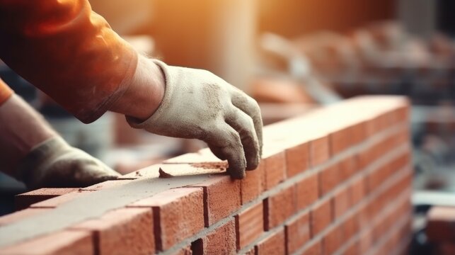 Construction worker building brick wall in construction area, close up view, generative ai