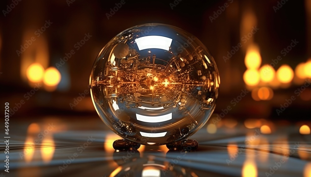 Poster metal sphere with reflection on dark backdrop. abstract background.