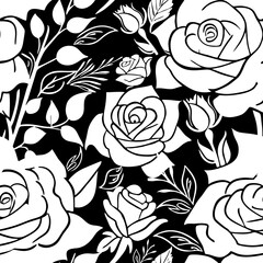 black and white seamless pattern of rose flowers, texture, design